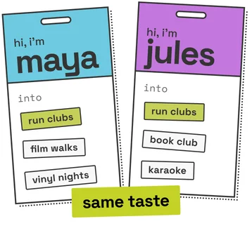 two name badges, maya and jules, both into run clubs, stamped same taste.