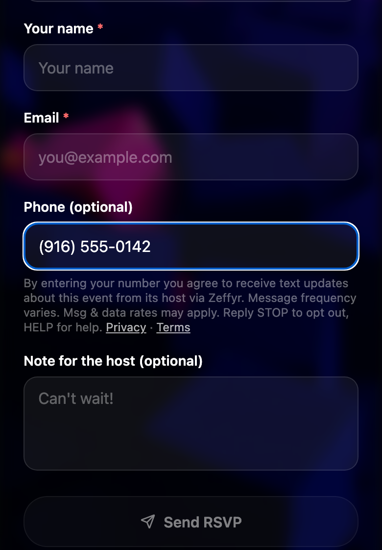 Zeffyr RSVP form on a phone. Fields: Your name (required), Email (required), Phone (optional) with the SMS consent text beneath it, Note for the host, and a Send RSVP button.